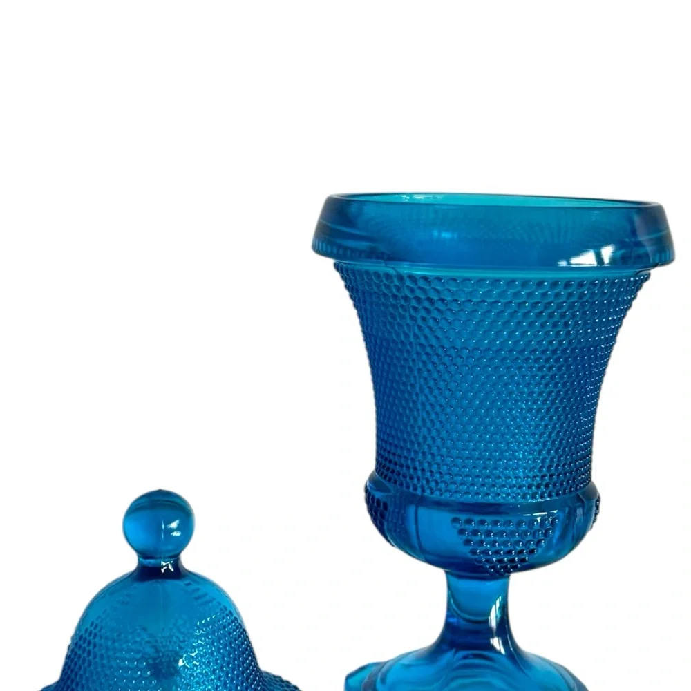 Vintage L.E. smith turquoise blue footed apothecary jar with lid